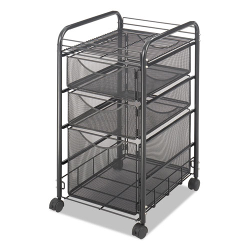 Image of Safco® Onyx Mesh Mobile File With Two Supply Drawers, Metal, 1 Shelf, 3 Drawers, 15.75" X 17" X 27", Black