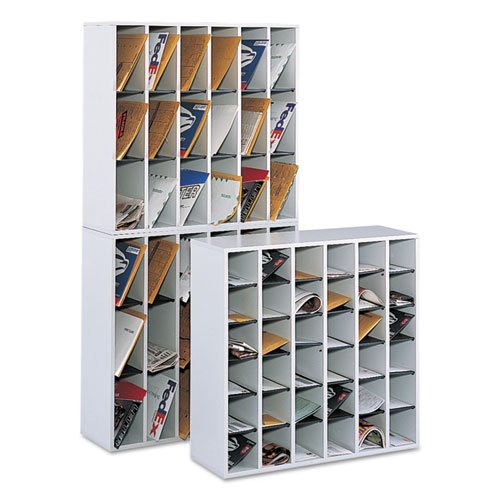 Image of Wood Mail Sorter with Adjustable Dividers, Stackable, 36 Compartments, Gray