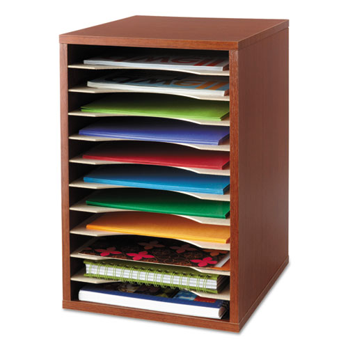 Safco® Wood Vertical Desktop Sorter, 11 Compartments, 10.63 x 11.88 x 16, Medium Oak