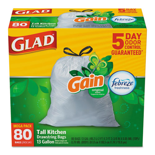Glad® OdorShield Kitchen Drawstring Bags, Gain Original, 13gal, White, 80/BX, 3 BX/CT