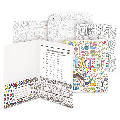 TWO-POCKET COLORING FOLDER, SCHOOL SUBJECT DESIGNS, LETTER SIZE, 4/PACK