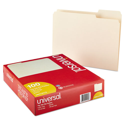 Image of Universal® Top Tab File Folders, 1/3-Cut Tabs: Assorted, Letter Size, 0.75" Expansion, Manila, 100/Box