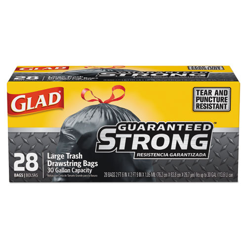 Glad® Drawstring Large Trash Bags, 30 x 33, 30gal, 1.05mil, Black, 15/BX, 6 BX/CT