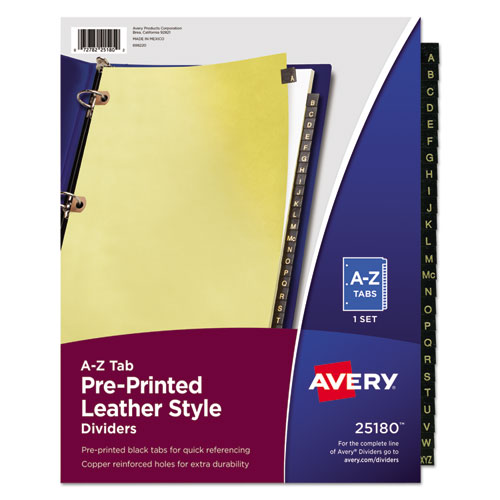Image of Avery® Preprinted Black Leather Tab Dividers W/Copper Reinforced Holes, 25-Tab, A To Z, 11 X 8.5, Buff, 1 Set