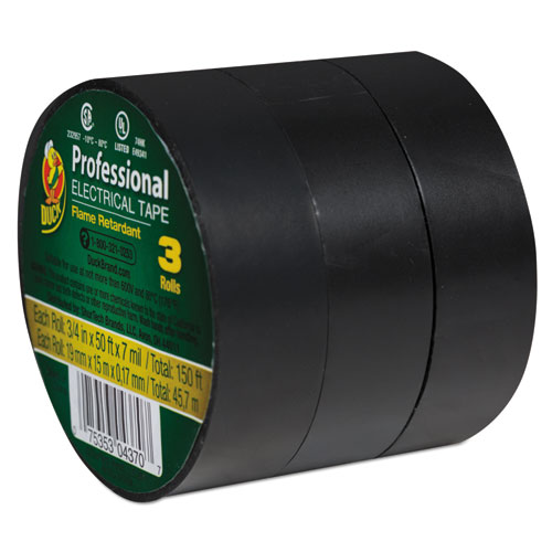 Duck® Pro Electrical Tape, 3/4" x 50 ft, 1" Core, Black, 3/Pack