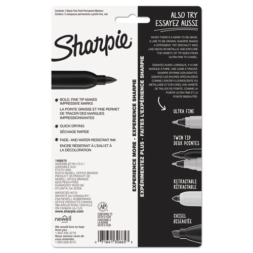 Image of Sharpie® Fine Tip Permanent Marker, Fine Bullet Tip, Black, 5/Pack