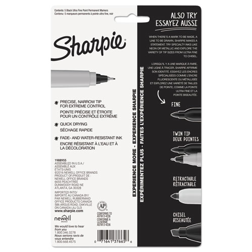 Image of Sharpie® Ultra Fine Tip Permanent Marker, Ultra-Fine Needle Tip, Black, 5/Pack
