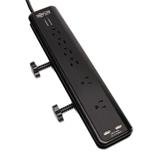PROTECT IT! CLAMP-MOUNT SURGE PROTECTOR, 6 OUTLETS/2 USB, 6 FT CORD, 2100 J