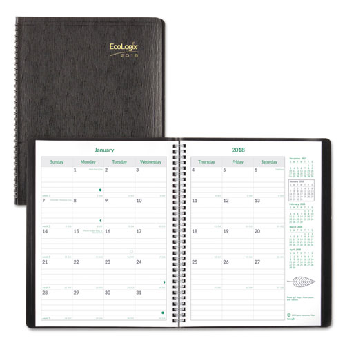 Brownline® EcoLogix Recycled Monthly Planner, 11 x 8 1/2, Black Soft Cover, 2018