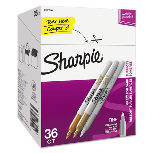 Sharpie® Metallic Permanent Markers - Office Pack, Fine, Gold/Silver/Bronze, 36/PK