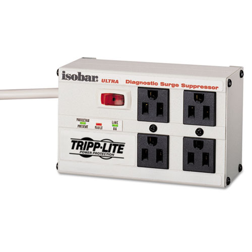 Tripp Lite Isobar Surge Protector With Diagnostic Leds, 4 Ac Outlets, 6 Ft Cord, 3,330 J, Light Gray