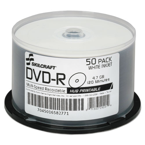 7045016582771, SKILCRAFT Inkjet Printable DVD-R, 4.7 GB, 16x, Spindle, White, 50/Pack