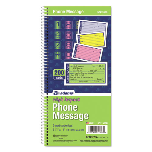 Image of Adams® Wirebound Telephone Book With Multicolored Messages, Two-Part Carbonless, 4.75 X 2.75, 4 Forms/Sheet, 200 Forms Total