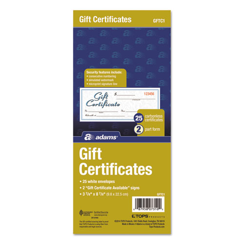 Image of Adams® Gift Certificates With Envelopes, 8 X 3.4, White/Canary, 25/Book