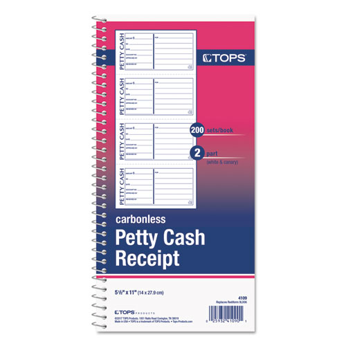 Image of Tops™ Petty Cash Receipt Book, Two-Part Carbonless, 5 X 2.75, 4 Forms/Sheet, 200 Forms Total