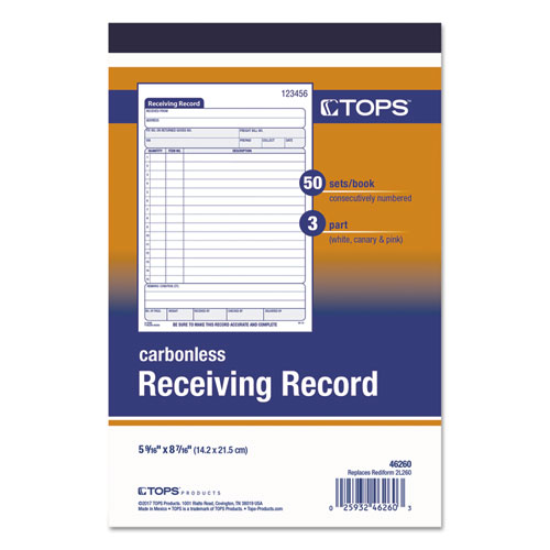 Image of Tops™ Receiving Record Book, Three-Part Carbonless, 5.56 X 7.94, 50 Forms Total