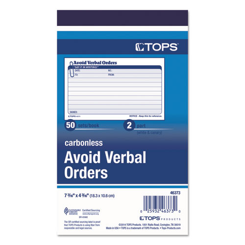 Image of Tops™ Avoid Verbal Orders Manifold Book, Two-Part Carbonless, 6.25 X 4.25, 50 Forms Total