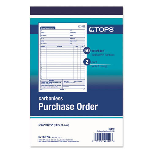 Image of Purchase Order Book, 12 Lines, Two-Part Carbonless, 5.56 x 8.44, 50 Forms Total