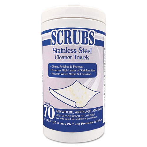 SCRUBS® Stainless Steel Cleaner Towels, 1-Ply, 9.75 x 10.5, Lemon Scent, 30/Canister