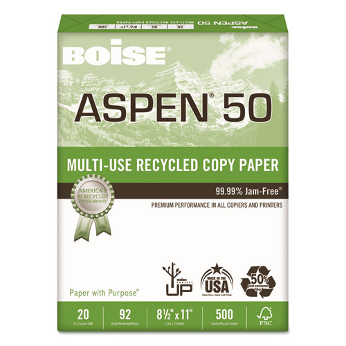 Boise® ASPEN 50 Multi-Use Recycled Paper, 20 lb, 8 1/2 x 14, White, 500/Ream, 10 Reams