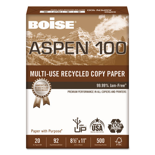 Boise® ASPEN 100% Multi-Use Recycled Paper, 92 Bright, 20lb, 8-1/2 x 11, White