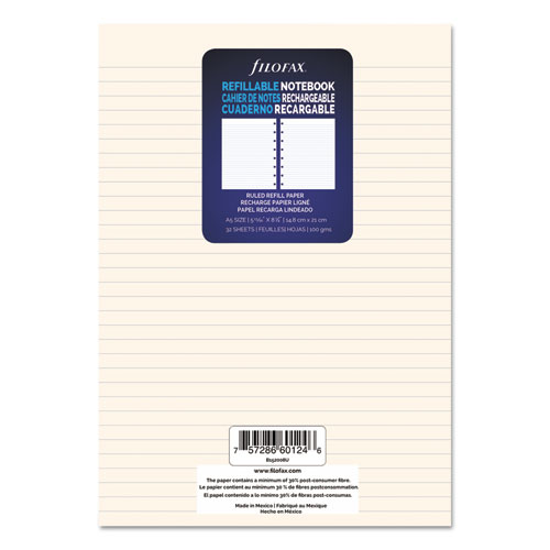 Filofax® Notebook Refill, Ruled, 8 1/4 x 5 13/16, Cream, 32 Sheets/Pack