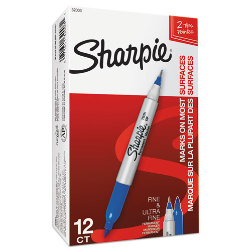 Image of Sharpie® Twin-Tip Permanent Marker, Extra-Fine/Fine Bullet Tips, Blue, Dozen