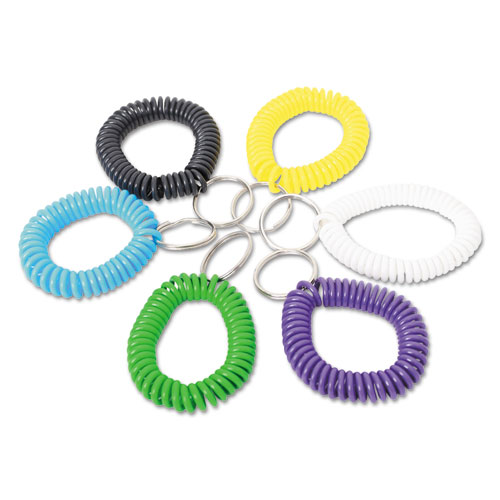 Wrist Coil Plus Key Ring, Plastic, Assorted Colors, 6/Pack