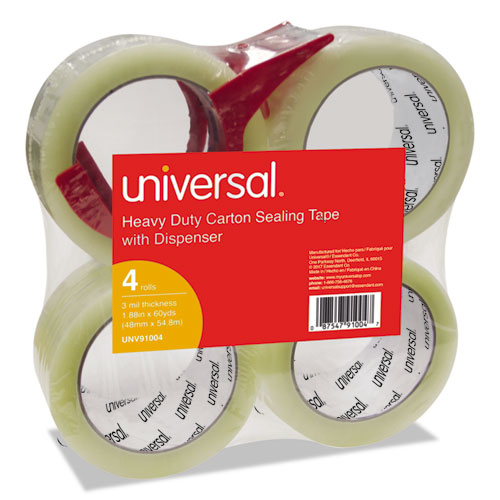 Universal® Heavy-Duty Box Sealing Tape w/Dispenser, 48mm x 54.8m, 3" Core, Clear, 2/Pack