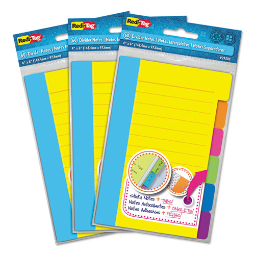 Divider Sticky Notes, 6-Tab Sets, Note Ruled, 4" x 6", Assorted Colors, 60 Sheets/Set, 3 Sets/Box