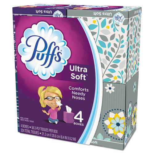 Puffs® Ultra Soft Facial Tissue, 2-Ply, White, 56 Sheets/Box, 4 Boxes/Pack