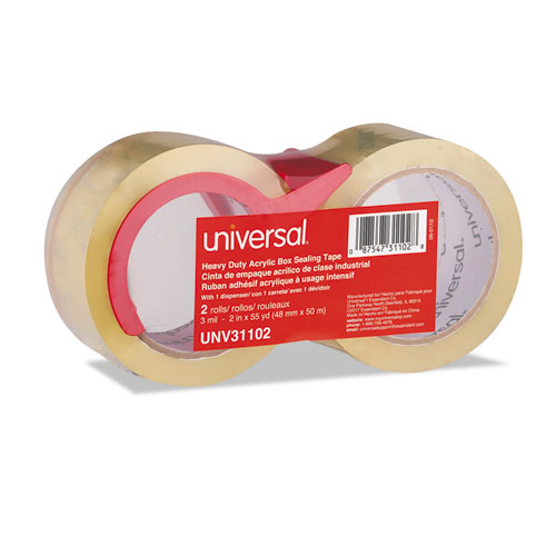 Universal® Heavy-Duty Acrylic Box Sealing Tape w/Disp, 48mm x 50m, 3" Core, Clear, 2/Pack