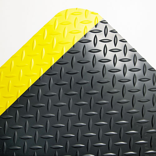 Industrial Deck Plate Anti-Fatigue Mat, Vinyl, 24 x 36, Black/Yellow Border