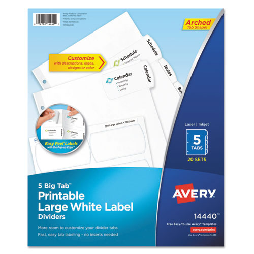 Big Tab Printable Large White Label Tab Dividers, 5-Tab, Letter, 20 per pack
