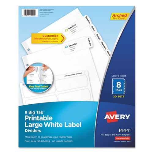 Big Tab Printable Large White Label Tab Dividers, 8-Tab, 11 x 8.5, White, 20 Sets
