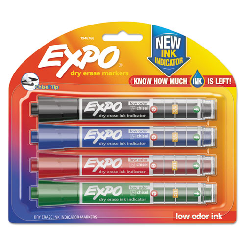 Ink Indicator Dry Erase Marker, Broad Chisel Tip, Assorted Colors, 4/Set