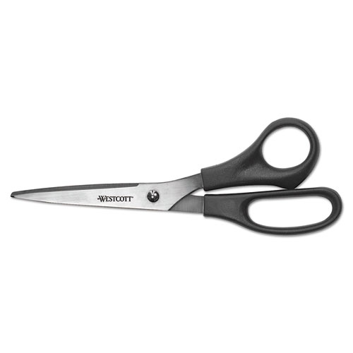 ALL PURPOSE STAINLESS STEEL SCISSORS, 8" LONG, 3.5" CUT LENGTH, BLACK STRAIGHT HANDLE