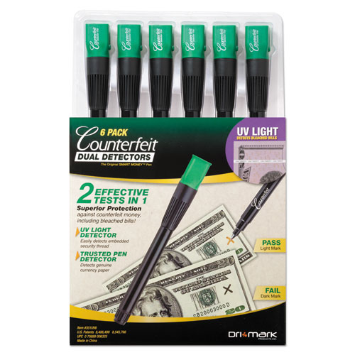 Dri-Mark® Counterfeit Money Detection System, UV Light; Watermark Detector; Color Change Ink, U.S. Currency, 0.8 x 0.8 x 6, Black/Green
