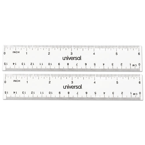 Image of Universal® Clear Plastic Ruler, Standard/Metric, 6" Long, Clear, 2/Pack