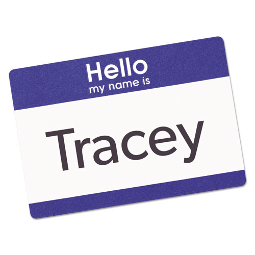 Image of Printable Adhesive Name Badges, 3.38 x 2.33, Blue "Hello", 100/Pack