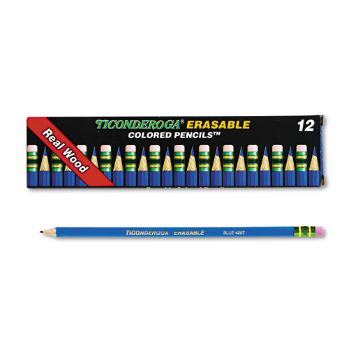 Ticonderoga® Erasable Colored Pencils, 2.6 Mm, 2B (#1), Blue Lead, Blue Barrel, Dozen