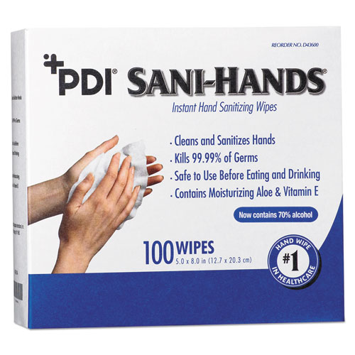 Sani Professional® PDI Sani-Hands Instant Hand Sanitizing Wipes, 1-Ply, 8 x 5, White, 1,000/Carton