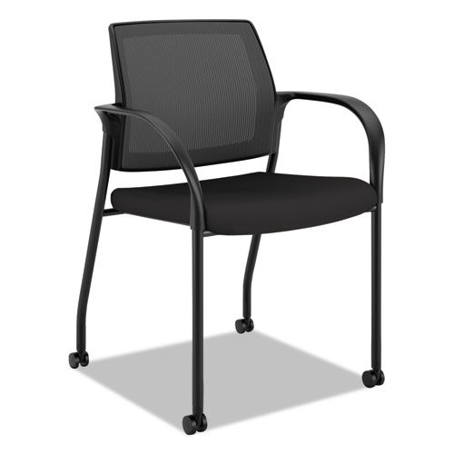 HON® Ignition 2.0 4-Way Stretch Mesh Back Mobile Stacking Chair, Supports 300 lb, 18" Seat Height, Black Seat/Back, Black Base