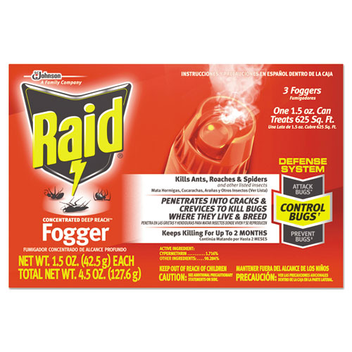 Raid® Concentrated Deep Reach Fogger, 1.5 oz Aerosol Can, 3/Pack, 12 Packs/Carton