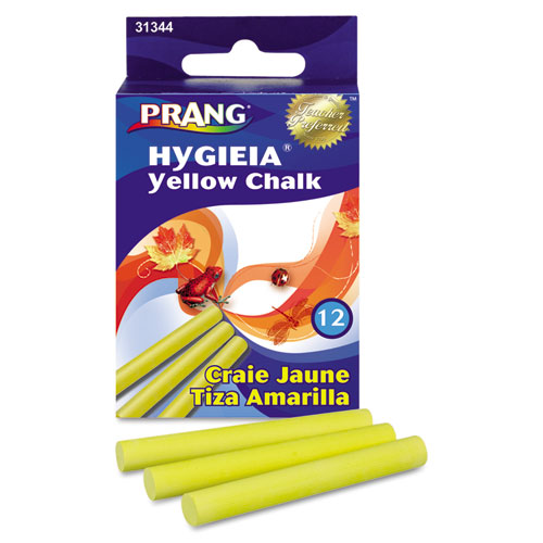 Prang® Hygieia Dustless Board Chalk, 3.25" X 0.38" Diameter, Yellow, 12/Box