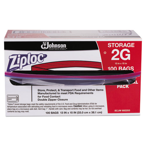 Ziploc® Double Zipper Bags, Plastic, 1.75 mil, 2gal, Clear w/Write-On Panel, 100/Carton