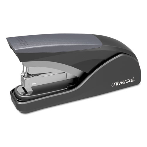 Universal® Deluxe Power Assist Flat-Clinch Full Strip Stapler, 25-Sheet Capacity, Black/Gray