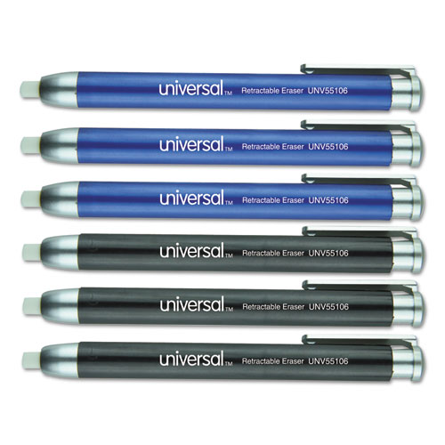 Pen-Style Retractable Eraser, For Pencil Marks, White Eraser, Assorted Barrel Colors, 6/Pack