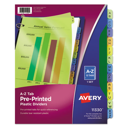 Avery® Durable Preprinted Plastic Tab Dividers, 12-Tab, A To Z, 11 X 8.5, Assorted, 1 Set