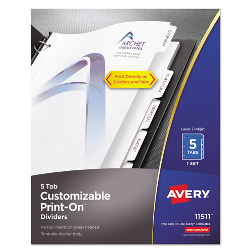 Customizable Print-On Dividers, 3-Hole Punched, 5-Tab, 11 x 8.5, White, 1 Set
